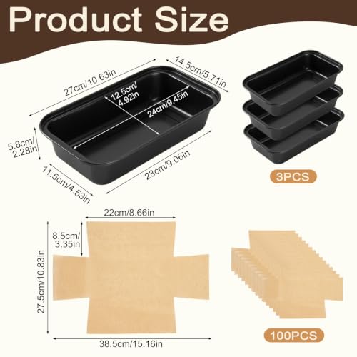 3PCS 9 x 5 Inch Nonstick Loaf Pans with 100PCS Bread Pan Liners Set - color: Black, size: Large 9x5 Inch-3pack