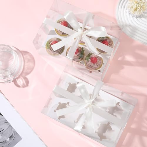JCD 4 Pack Clear Cupcake Boxes, Plastic Cupcake Containers with Gift Ribbon, 5.5inches height Holder 6 Count Cup Cake Boxes for Parties, Baking, Wedding, Transport (6count/4pcs) - size: 6count/4pcs