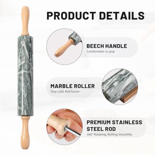 Natural Green Marble Rolling Pin, Non-Stick Polished Dough Roller, Pasta, Dumpling, Fondant, Pie Crust, Bread, Pizza Dough, Kitchen Baking Pastry Tools - color: Natural Green Marble with Pastry Mat