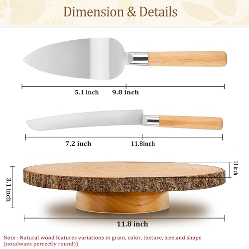 12 Inch Rotating Wooden Cake Turntable with Knife & Server, Round Rustic Cake Display Stand for Party Dessert Decor