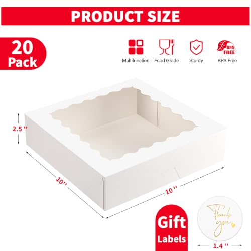 Ocmoiy Pie Boxes with Window, 10x10x2.5 Inches, 20 Pack - size: 10 x 10 x 2.5 inch