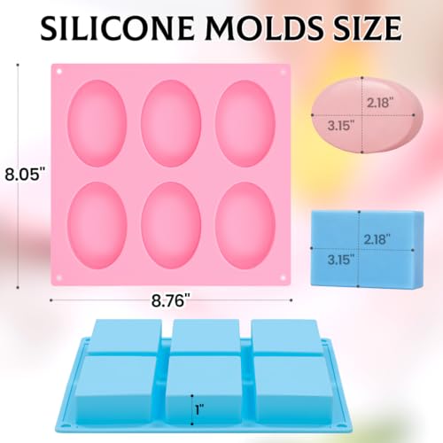 SJ Rectangle & Oval Soap Mold Set, 2-Pack 6-Cavity Silicone Soap Molds - color: Pink+Blue / Rectangular+Oval