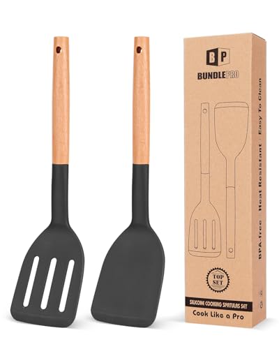 BUNDLEPRO Silicone Spatula, Solid & Slotted Turner, BPA-Free, 2 Pack, Black - color: Black