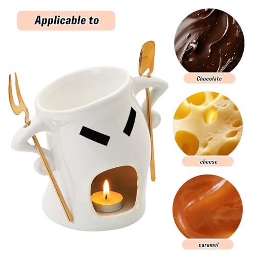 Mini Ceramic Fondue Set: Chocolate Fondue Melting Cup, Cheese Fondue Pot, Candy Mini Fondue Cups with 1 Fork & 1 Scoop - Food-Safe Gift for Parties, Gifts, Cozy Nights (White) - color: White