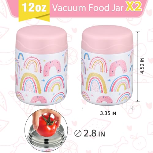 wiwens 12oz 2 Pack Insulated Food Jar Set for Kids Soup Thermo Hot Food Lunch Container Wide Mouth Leak Proof Stainless Steel Vacuum Bento Box for School Office Travel Outdoors - color: White-Rainbow*2