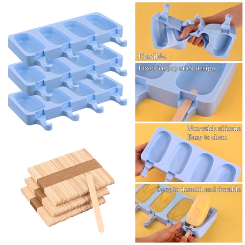 Sakolla 3 Pack Large Silicone Popsicle Molds with 150 Pcs Wooden Sticks - size: 3 Pcs Large - Blue