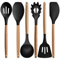 Silicone Kitchen Utensils Set of 6, Cooking Utensils Set with Heat Resistant Wooden Handle, Nonstick Silicone Spatula Spoon Turner Ladle, Cooking Kitchen Gadget for Cookware & Baking BPA FREE - color: Black, size: Standard 6-Piece Set
