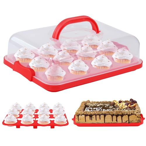Cake Carrier with Lid, Cake Holder Cupcake Container for 12 Cupcakes 2 in 1 Portable Dessert Container for Pie Muffin Cobbler (Red) - color: Red
