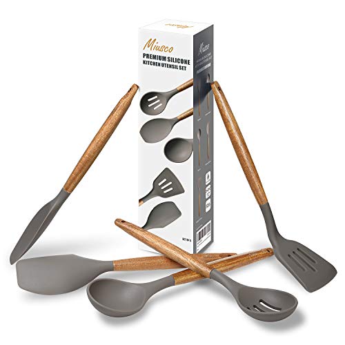 Kitchen Utensils Set, Silicone Cooking Utensils Set,Non-Stick Silicone Spatula Set with Natural Acacia Hard Wood Handle, 5 Piece, Upgraded Thickened Cookware - color: Gray