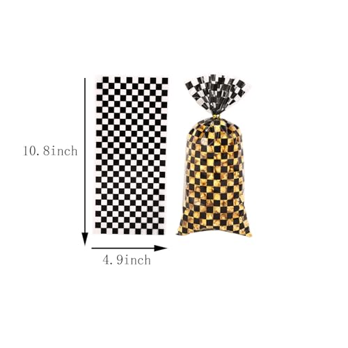 CSTYWC 50 Pieces Cellophane Car Candy Bags Black White Checkered Racing Treat Bags Plastic Race Gift Goodie bags with 50Pieces Twist Ties for Cars Birthday Party Decorations