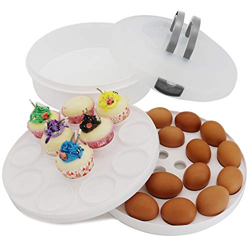 Portable Pie Cupcake Carrier with Lid and Tray 3-In-1 Round Cupcake Container Egg Holder Deviled Egg Tray Muffin Tart Cookie Food Keeper 10 Inch