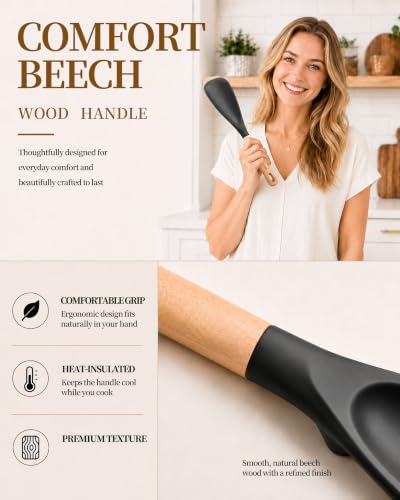Astercook Cooking Spoon, 2 Pack, Nonstick Safe Silicone Spatula - color: Black