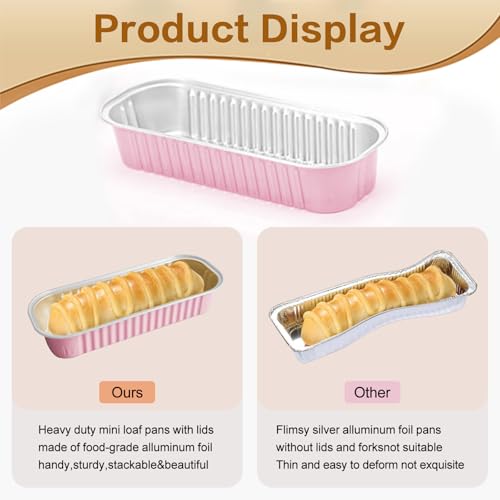 50 Pack Mini Cake Pans with Lids and Spoons, Mini Loaf Baking Pans 6.8oz, Small Disposable Aluminum Foil Loaf Pans, Rectangular Baking Containers for Party and Picnics, Cheesecake Pans (Pink) - color: Pink