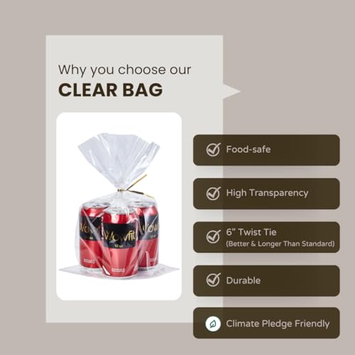 Wowfit 9x14 Clear Cellophane Goodie & Gift Bags, 50 CT, 6" Gold Twist Ties - size: 9x14 Inch (Pack of 50)