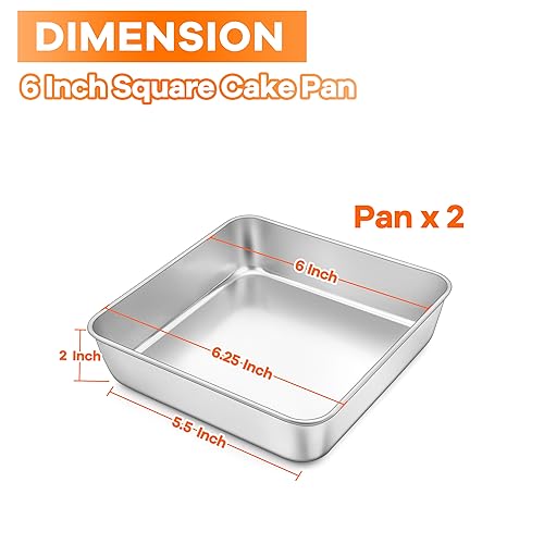 TeamFar Square Cake Pan, 6 Inch Stainless Steel Square Baking Pan Set of 2