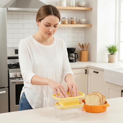 UNIVIVO 280g Butter Slicer Cutter and Airtight Container for Fridge, 2-in-1 PC Butter Dish with Stainless Steel Wires for Easy Portion Control, Slices After 15-20 Mins Softening, Clear Butter Keeper - size: Medium-Yellow