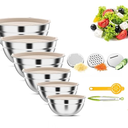 Khaki Stainless Steel Mixing Bowls with Lids Set, 6pcs - color: Khaki 6 Size