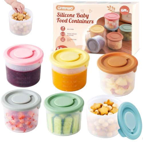 URMYWO 6 Pack Silicone Baby Food Containers,4 oz Portion Storage Containers - color: Blue+Bean Green+Yellow+Gray+Brown+Pink