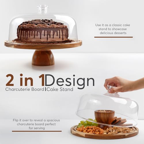 2-in-1 Acacia Wood Cake Stand with Lid, Acrylic Dome, Light Weight, Strudy