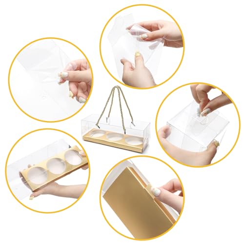 Coloch 24 Pack Gold Clear Cupcake Box with Handle, 9 x 3 x 3 In 3 Count Plastic Cupcake Container Baked Dessert Box, for Cupcake, Dessert, Muffins, Party, Wedding