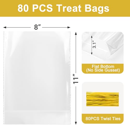 80Pcs Clear Cellophane Bags with Twist Ties, 8x11x3.1", Flat Bottom - size: 8X11 Inch(Pack of 80)