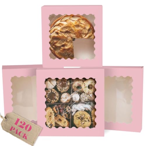 qiqee 10"x 10"x 2.5" Pink Pie Boxes with Window 120Packs Cookie Donut Bakery Box (Auto-pop Up) - color: Pink, 120Packs