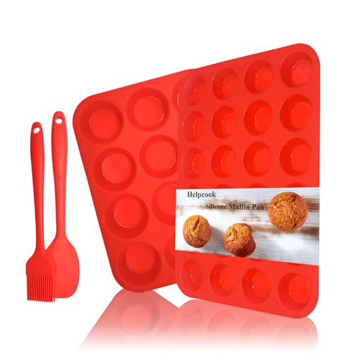 Silicone Muffin Pan Cupcake Set, Non-Stick Regular 12 Cups and Mini 24 Cups,Silicone Baking Molds,BPA Free Muffin Tin with 1 Silicone Spatula & 1 Oil Brush (Red) - color: Red
