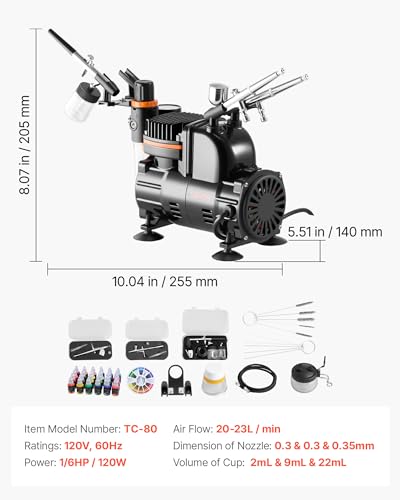 VEVOR Airbrush Kit, 1/6 HP, Air Brush Kit with Air Compressor, 3 Dual-Action Professional Airbrushes with 3 Tips, Hose, Acrylic Paint, Brush, Low Noise, for Cake Decorating, Model Painting, Nail Art - style: Airbrush Kit +24 Paints