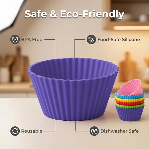 Reusable Silicone Cupcake Liners, BPA Free Silicone Muffin Cups for Baking, Oven Microwave Air Fryer Safe, 2.75 x 1.7 x 1.2 Inches, Dishwasher Safe Baking Cups, 8 Rainbow Colors, 24 Pack - color: Pink, Blue, Yellow, Orange, Green, Purple, Red, Peacock Blu
