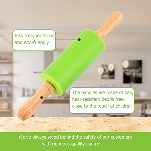 Mini Silicone Rolling Pin for Kids, Non-stick Surface Wood Handle, 9 Inch 2 Pack - color: Blue-Green, size: 2 PACK