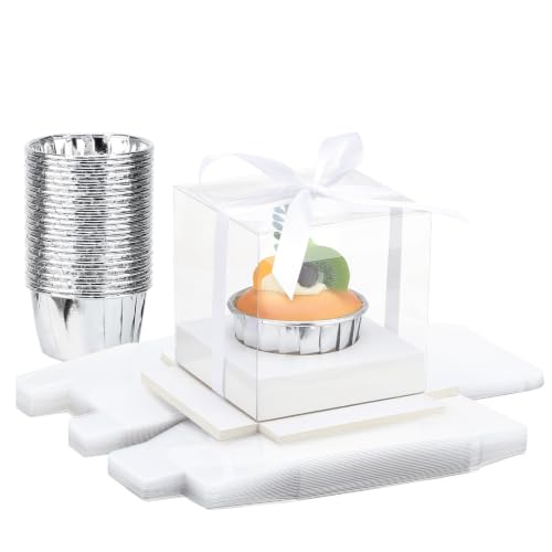 EUSOAR Clear Cupcake Boxes with Silver Cupcake Liners, 24pcs 3.5 Inch Cupcakes Containers and 50pcs 3.5oz Disposable Ramekins, Dessert Pastry Cupcakes Holder Individual for Wedding Party Favor Bakery - color: White/Silver