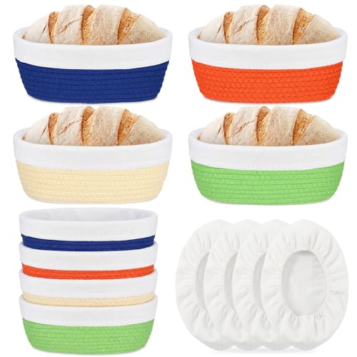4 Pcs 10 Inch Bread Proofing Basket Set Cotton Rope Oval Banneton Basket Sourdough Bread with Liners Covers for Baking Supplies (Vibrant Color) - color: Vibrant Color, size: 10 Inch