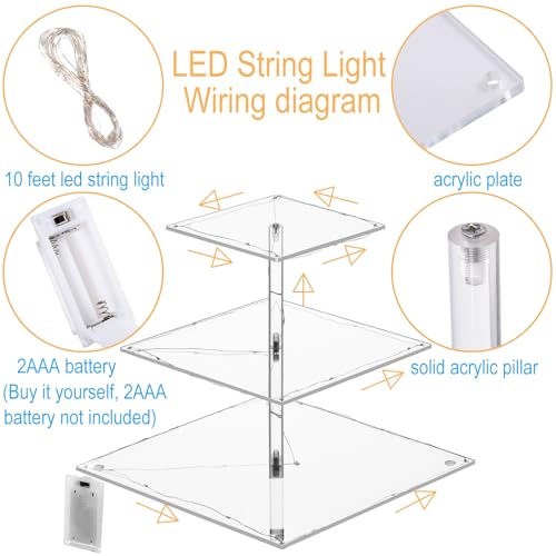 HENABLE 3 Tier Cupcake Stand Cupcake Holder, Acrylic Cupcake Tower with LED Yellow Light for 24 Cupcakes, Dessert Table Display Set for Birthday, Bar, Decor Weddings, Parties Events (Pack of 2) - size: 3 Tire square (Pack of 2)