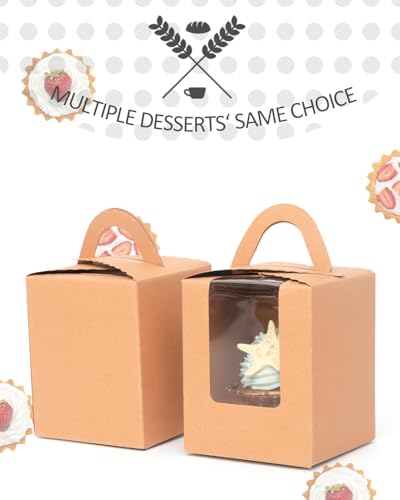 qiqee 60pcs Auto Pop-up Cupcake Boxes Individual Disposable Brown Single Box with Window 3.7"x3.7"x4.5" Cupcake Containers/Holders - color: Brown, size: 60Pcs, One Holder