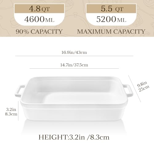 5.5 Quart Casserole Dish,Large Baking Dish Cookware,14.7x10 Inch Deep Lasagna Pan for Oven,Ceramic Bakeware for Baking, Easy to Clean,(White) - color: White