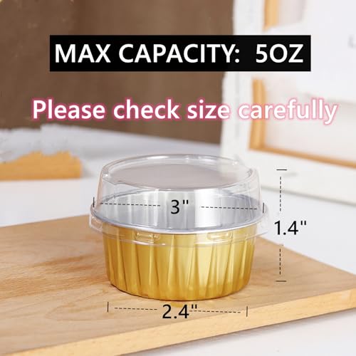 150 Pack Disposable Ramekins with Clear Lid, Golden Mini Cupcake Tins