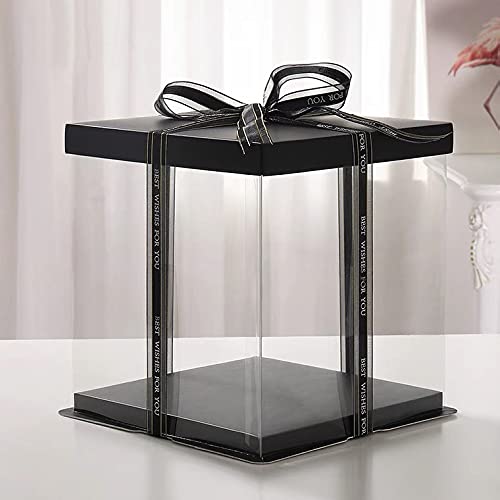 XININSUN 2Pcs Large Cake PET Clear Box, 10" X 10" X 9" with ribbon and pre-folded lid, for 8" cake packing carry, baking cookie display, Carry Tall Layer Gift, Festive Gift Box -Black - color: Black