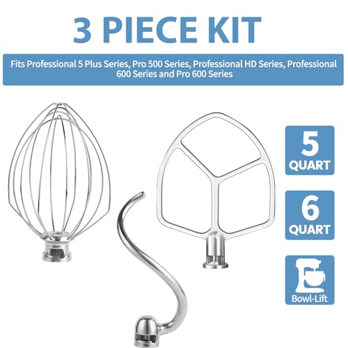 Stainless 3 Piece kit Attachments for KitchenAid 5 Plus- 6QT Mixer - size: Wire Whip+Dough Hook+Flat Beater