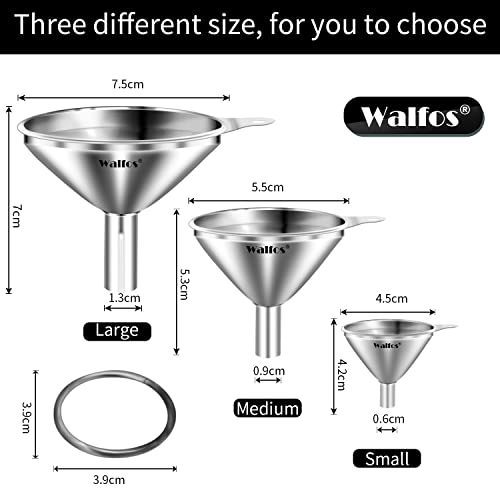 WALFOS Mini Stainless Steel Funnels, Multi-use Small Kitchen Funnel Set, for Transferring Liquid, Fluid, Essential Oils, Powder,Tiny Spices,Long-Lasting and Dishwasher Safe (3 in、2.2 in、1.7in) - color: 3pcs 3in+2.2in+1.7in Stainless Steel