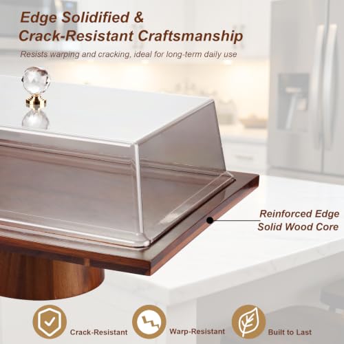 OUEST 17” Rectangular Acacia Wood Cake Stand with Shatterproof Acrylic Lid