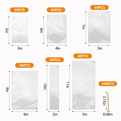 300 PCS Clear Flat Cellophane Treat Bags with 3x5",4x6",5x7",6x9",2x10",5x11",Treat Bags with Ties are Good for Pretzel Rods,Bakery, Cookies, Candies,Dessert. - size: 600 Piece Set