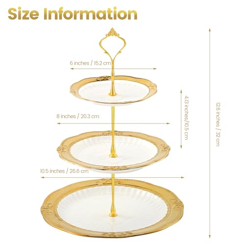 Kochorie 3 Tier Round Ceramic Cupcake Stand Gold Rim White Serving Tray - style: Round