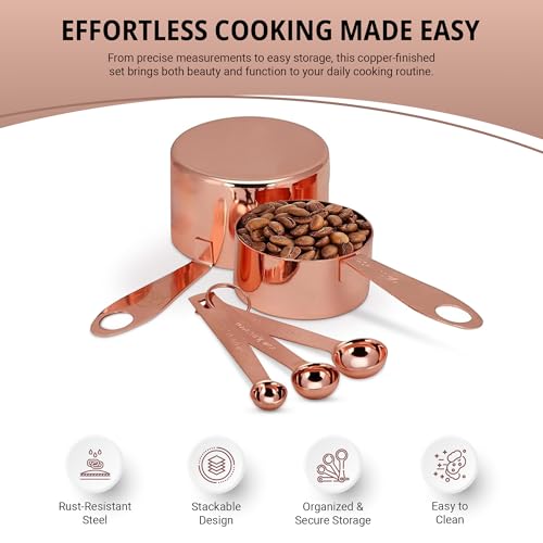 Copper Measuring Cups and Spoons Set - 9-Piece Food-Grade Stainless Steel Measuring Set with 2 Storage Rings for Heavy Duty Cooking & Baking, Rose Gold