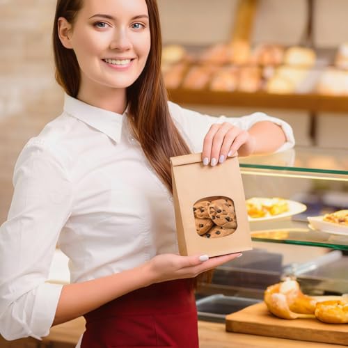 50 Pcs Bakery Bags with Window, Tin Tie Tab Cookie Bags, 3.9x2.3x8 Inches - color: Brown