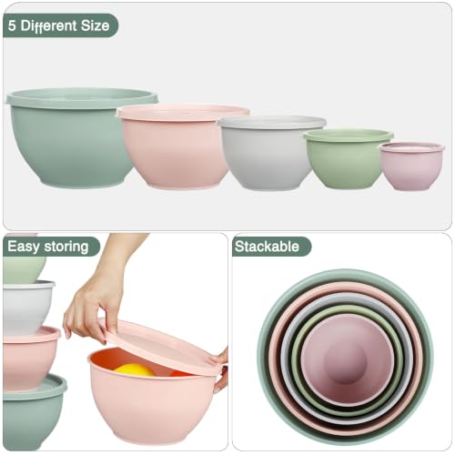 Greentainer Plastic Mixing Bowls with Lids Set for Kitchen, 5 Set Nesting Bowls for Mixing, Baking, Prepping, Cooking and Serving Food, Mixing Bowls Dishwasher, Microwave Safe - color: Pink