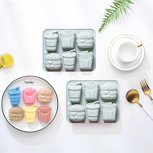 6 Cavity Fast Food Silicone Molds with Hamburger, Cola and Fries Shapes - color: Blue-R0152