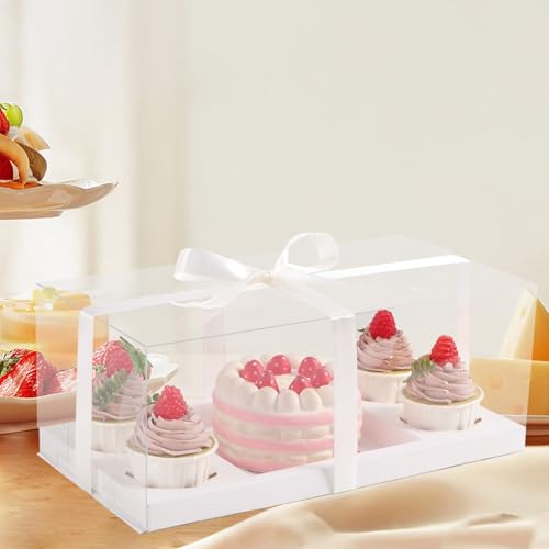 JCD 9 Pcs Clear Cupcake Boxes Combo,Cakes and Cupcakes Box 1+4 Bento Box Clear Bento Cakes Boxes Fit 4 Cupcake and 1 Mini Cake for Valentine Wedding Birthday(1+4/9Pcs) - size: Clear 1+4/9Pcs