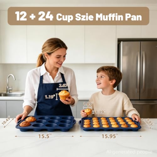 2 Pack Silicone Muffin Pan 12 & 24 with Frame Non Stick Cupcake Baking Tin - color: Gray, size: Regular & Mini: 12 Cup & 24 Cup