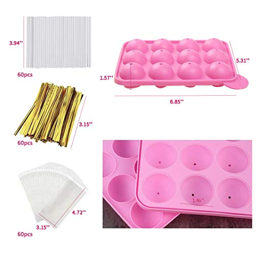 12 Capacity Silicone Lollipop Mold Set, Sucker Molds and Chocolate Hard Candy Mold with 60pcs Lollipop Sucker Sticks, Candy Treat Bags, Gold Ties. (12 Cavity Cake Pop) - style: 12 Cavity Cake pop