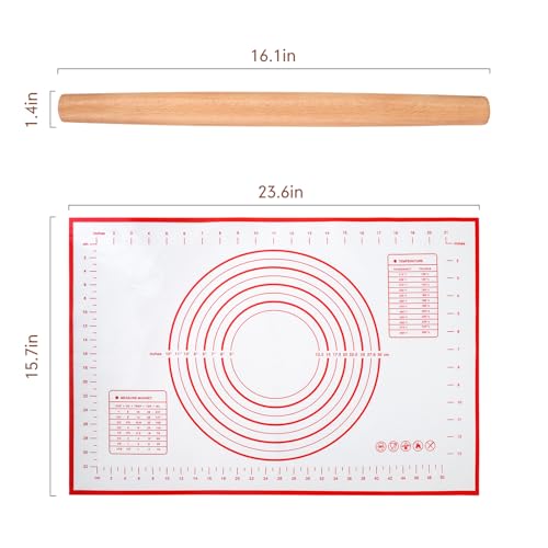 Wood French Rolling Pin for Baking, QUELLANCE Wooden Dough Roller with Silicone Baking Mat, Beech Wood Rolling Pins for Baking Dough, Pizza, Pie, Pastries, Pasta and Cookies,Red Pastry Mat - size: RD-16 inch